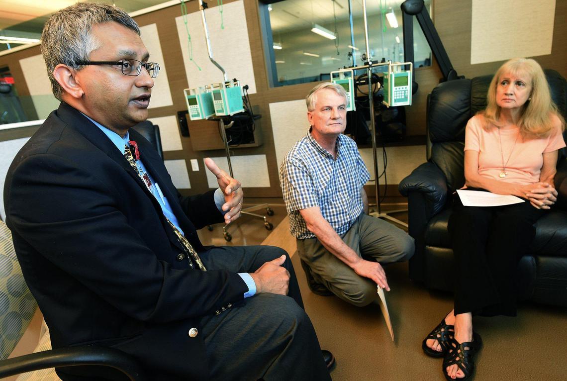 Fresno oncologist Dr. Ravi Rao, left, with patient Norma Smith and her husband Rod, voices his frustration in working with PBMs – pharmacy benefit managers – in treating his patients. Photographed at cCARE Cancer Center, Thursday July 11, 2019.