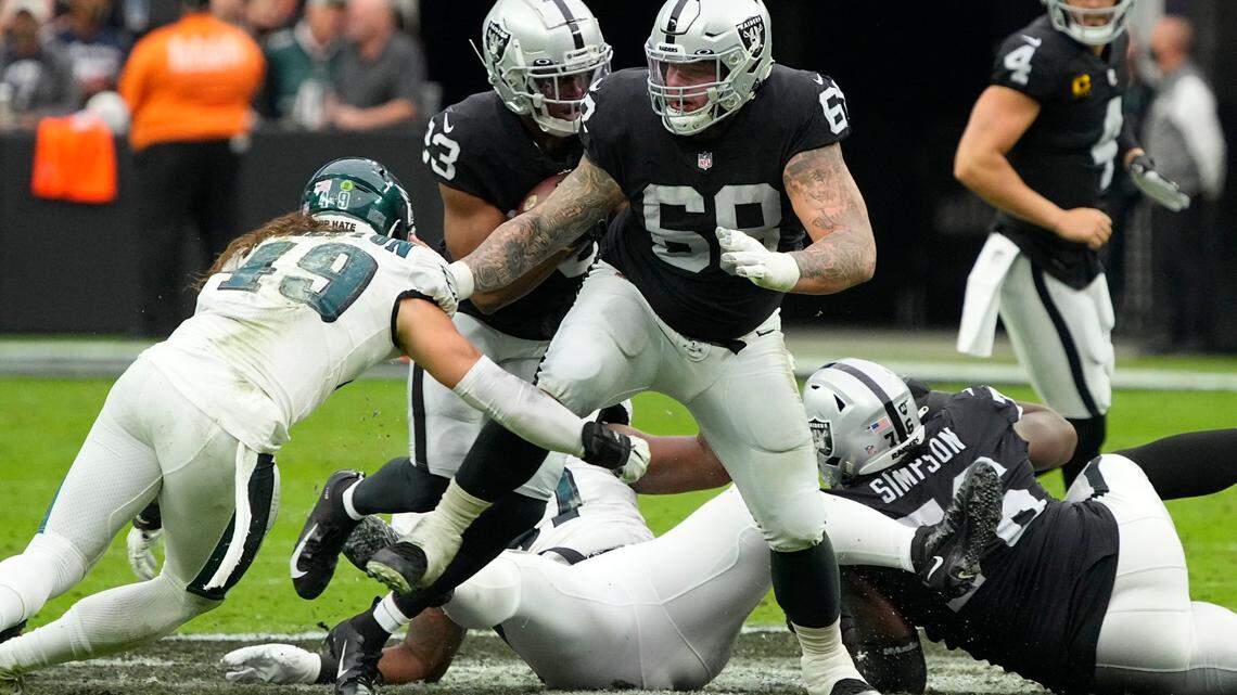 Las Vegas Raiders center Andre James (68) during the second half of an NFL football game against the Philadelphia Eagles, Sunday, Oct. 24, 2021, in Las Vegas.