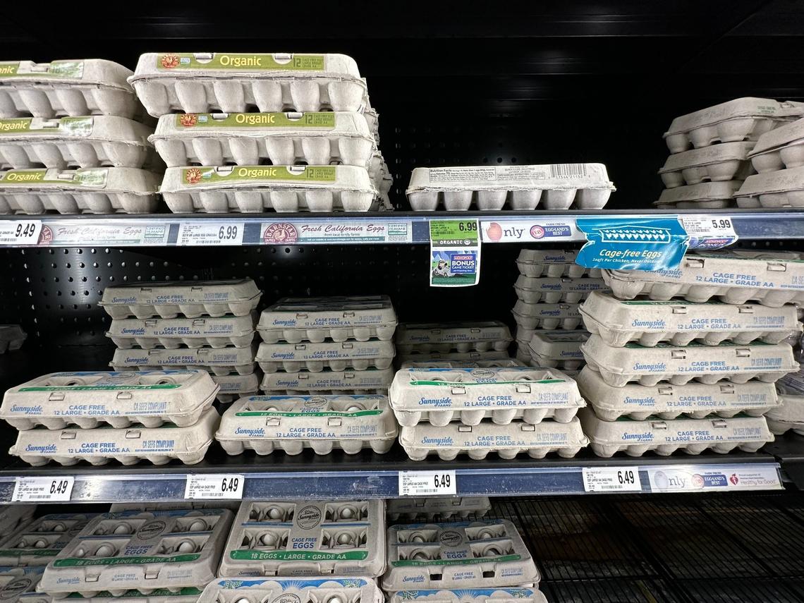 A carton of large white eggs at Save Mart in Fresno costs $6.49 for one dozen on Monday, Aug. 19, 2024.