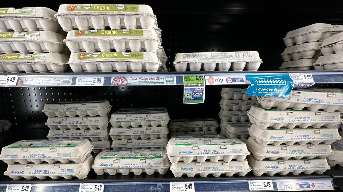 A carton of large white eggs at Save Mart in Fresno costs $6.49 for one dozen on Monday, Aug. 19, 2024.