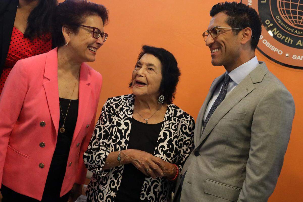 State Sen. Anna Caballero, D-Merced, with Dolores Huerta and Assembly Speaker Robert Rivas Tuesday, Sept. 19 in Bakersfield. The Dolores Huerta Peace and Justice Cultural Center received an additional $7 million from the State.