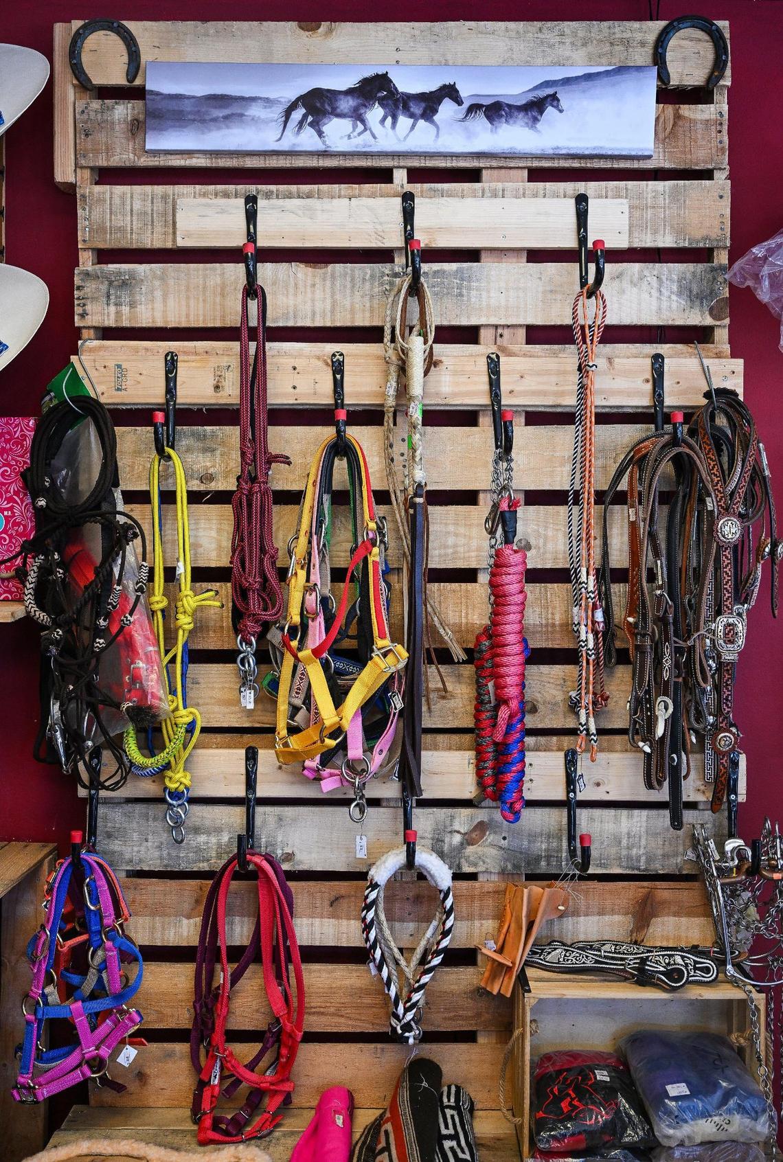Horse tack is displayed on a wall at Rubio Ranchwear in its new shop on Fulton near Highway 180 just north of downtown Fresno.