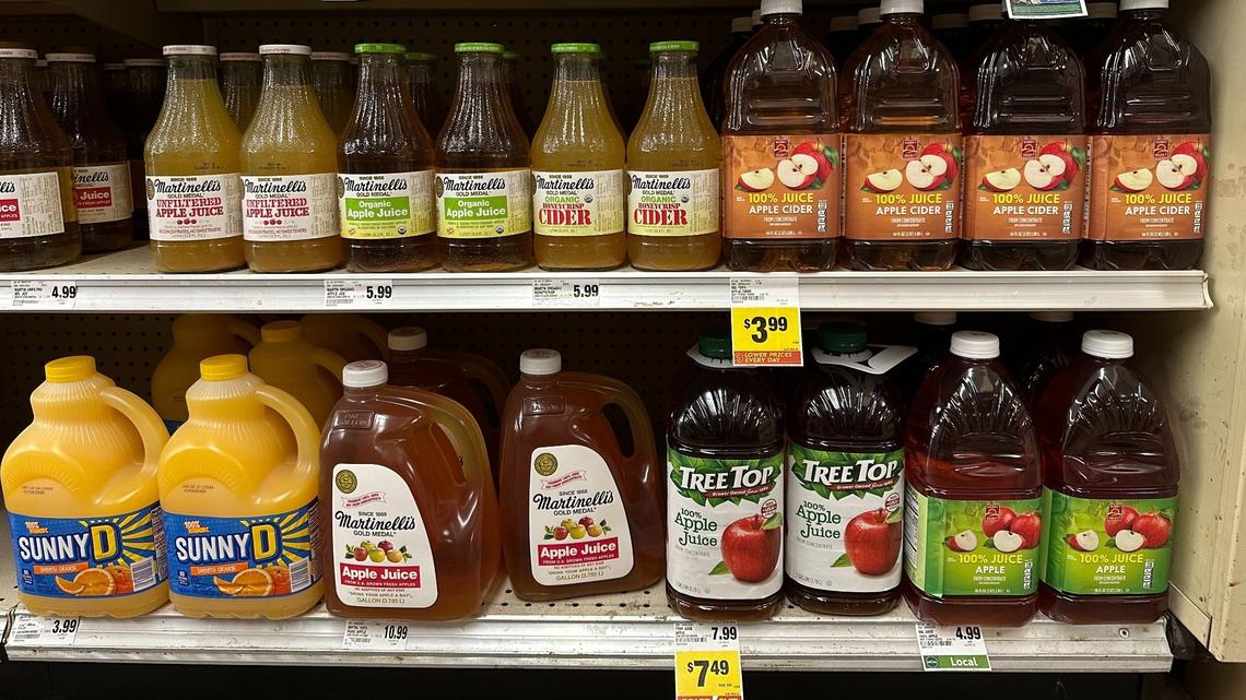 Tree Top apple juice costs $3.50 for a 64-ounce container at Save Mart in Fresno on Monday, Aug. 19, 2024.