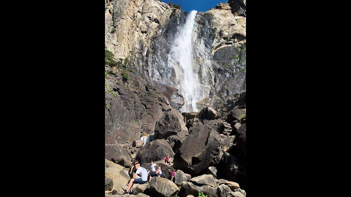 Boulder fields at Bridalveil Fall visited by the public in Yosemite National Park.