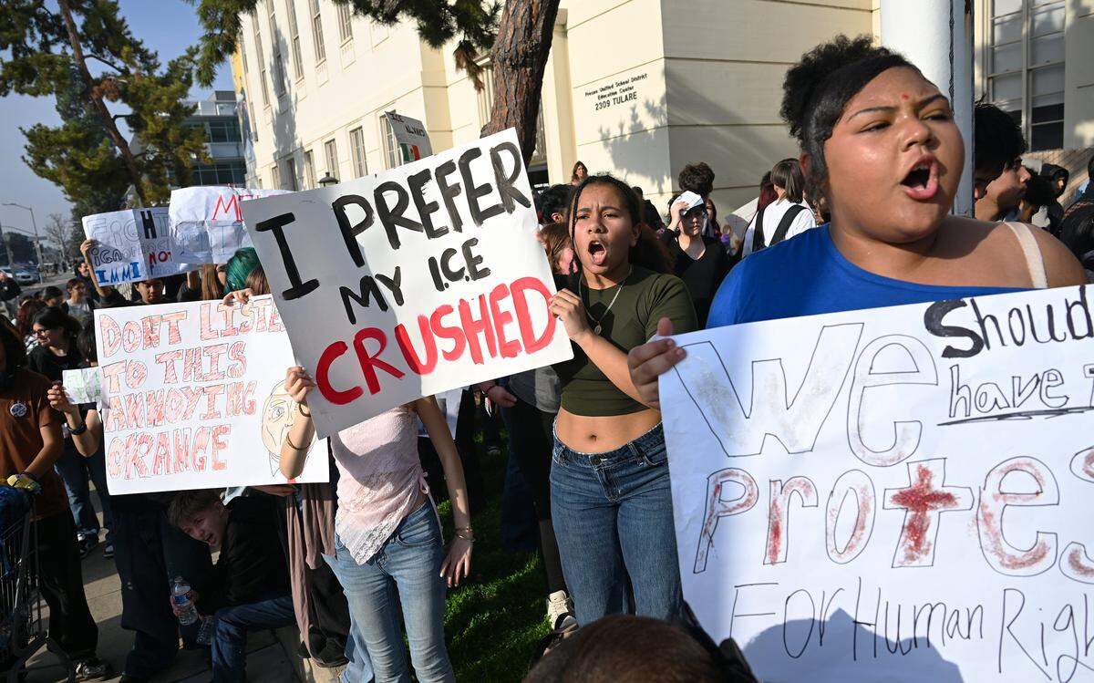 Hundreds of Fresno High School students protesting ICE march through town to the Fresno Unified School District offices downtown Friday afternoon, Jan. 30, 2026 in Fresno.