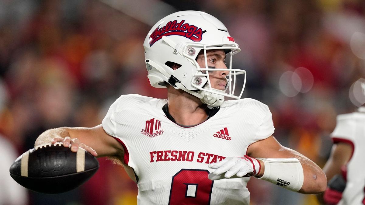 Fresno State quarterback Jake Haener passes during the first half of an NCAA college football game against Southern California Saturday, Sept. 17, 2022, in Los Angeles. (AP Photo/Mark J. Terrill)