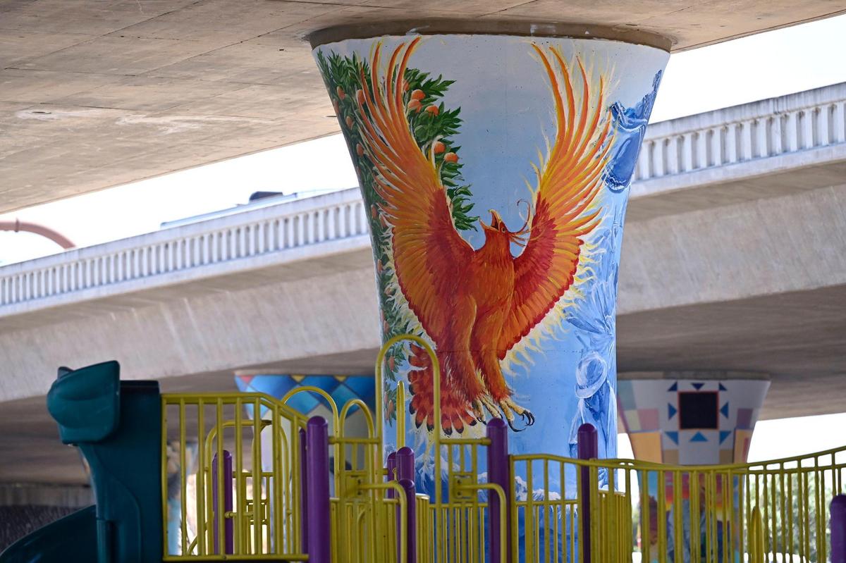 A detail from one of many murals on supprting pillars underneath Highway 180 at San Pablo Park, seen Thursday, July 17, 2025 in Fresno.