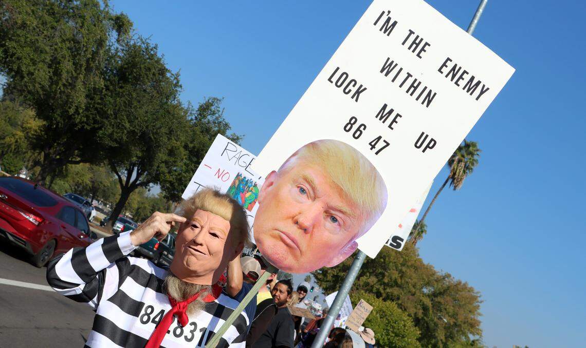 A protester dressed as President Trump was among the participants at the No Kings rally at Fresno's Manchester Mall on Oct. 18, 2025.