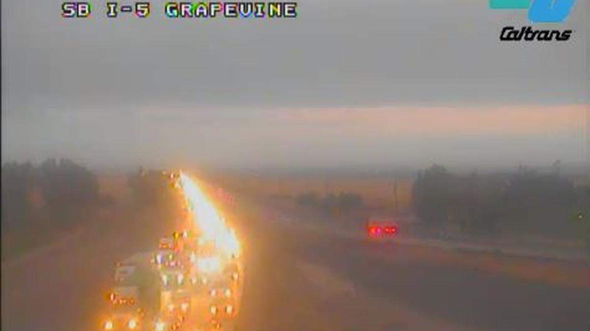 Two crashes on Interstate 5 headed south on the Grapevine blocked three of the four lanes early Thursday, Oct. 26, 2023, backing traffic up for 5 miles, Caltrans said.