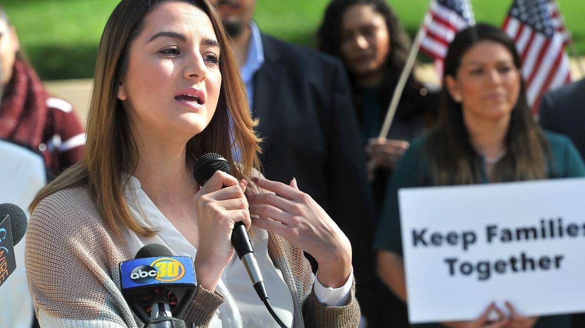 DACA recipient America Hernandez, who came to the U.S. as a 3-month-old, talks in support of other “Dreamers” (DACA recipients) during a 2019 demonstration at the Federal Courthouse in Fresno.