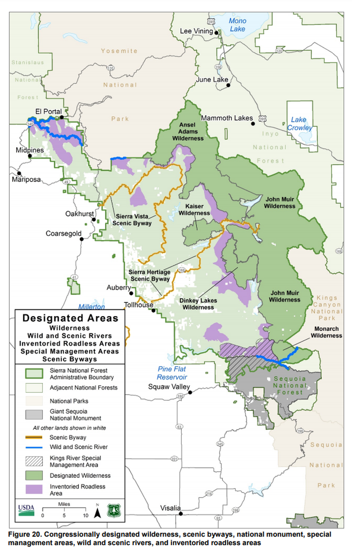 A U.S. Forest Service map included in the draft forest plan released in 2019 showing Sierra National Forest’s boundary and its designated wilderness areas.