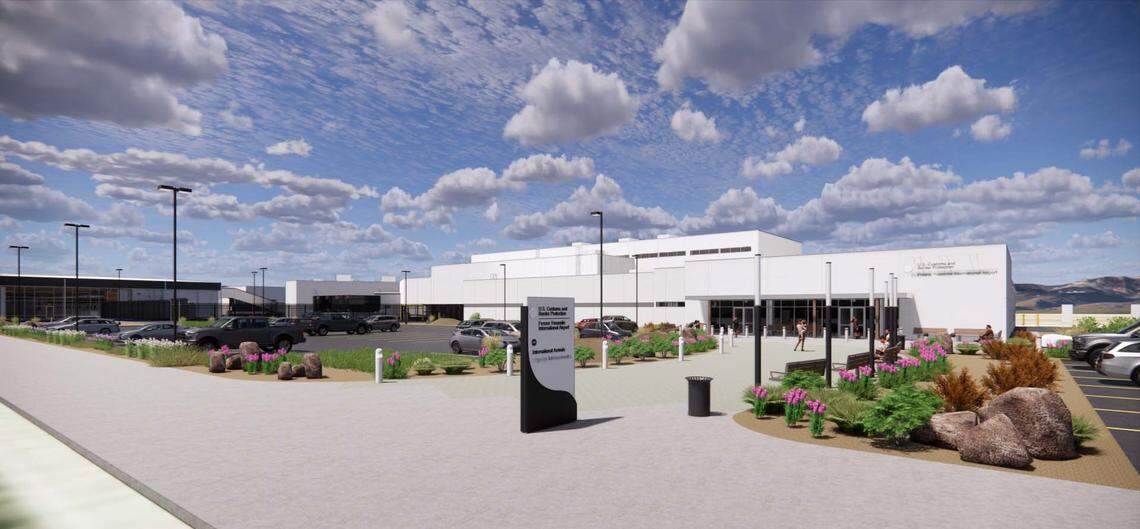 An artist’s rendering depicts the exterior of a new building for international arrivals at Fresno Yosemite International Airport to be built just south of the existing terminal. It’s part of a broader terminal expansion program at the airport.