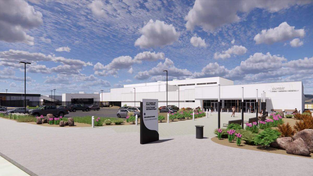An artist’s rendering depicts the exterior of a new building for international arrivals at Fresno Yosemite International Airport to be built just south of the existing terminal. It’s part of a broader terminal expansion program at the airport.