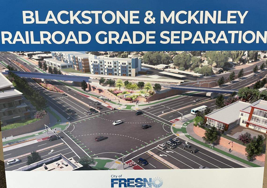 An artist’s rendering shows how the central Fresno intersection of Blackstone and McKinley avenues, looking southwest, will be rebuilt below grade level with traffic flowing under new bridges for the BNSF Railway freight trains. Construction on the $151.9 million project is expected to take two years from 2026 to 2028.