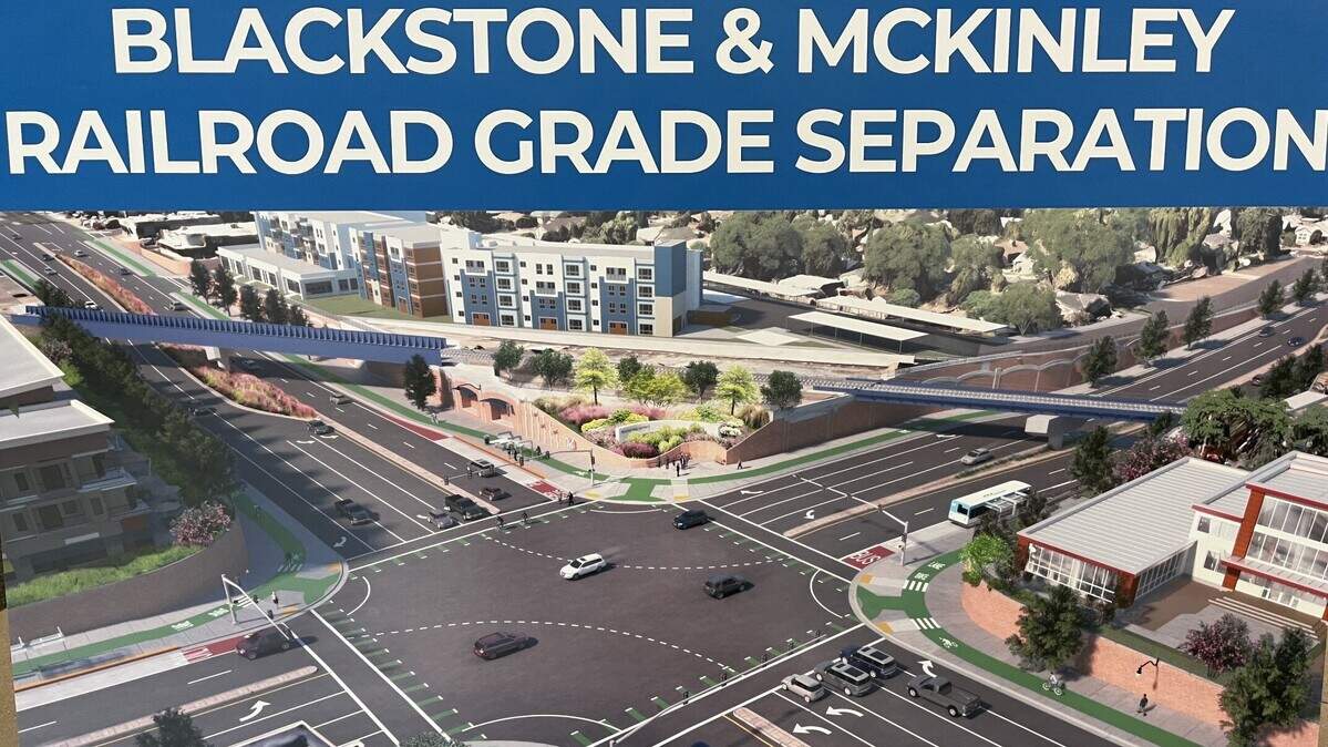 An artist’s rendering shows how the central Fresno intersection of Blackstone and McKinley avenues, looking southwest, will be rebuilt below grade level with traffic flowing under new bridges for the BNSF Railway freight trains. Construction on the $151.9 million project is expected to take two years from 2026 to 2028.