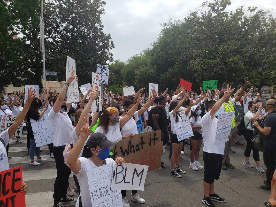 Protesters on the scene of the “We Can’t Breathe” rally at Fresno City Hall on Sunday, May 31, 2020.
