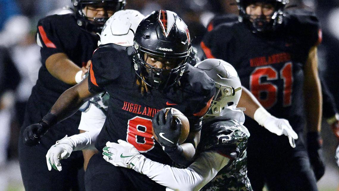 McLane’s Jazz Boyland barells into the Hoover defense Friday, Nov. 1, 2024 in Fresno. The Highlanders beat the Patriots 58-13.