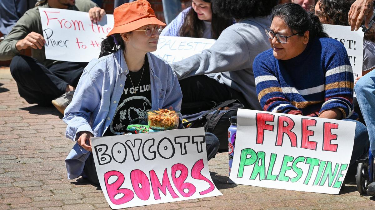 Students in the Fresno State Free Speech area during a pro-Palestinian demonstration in May 2024 organized by Students for Palestinian Liberation.