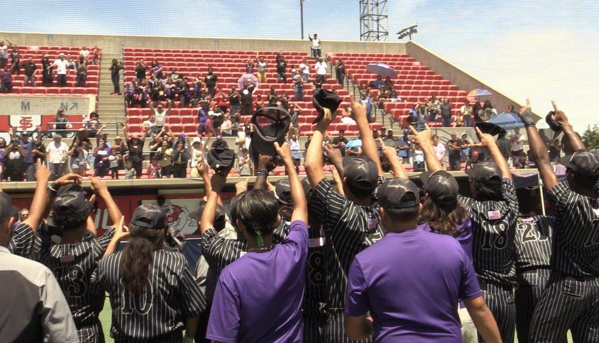 The Madera South baseball team salutes its fans after a 5-3 victory over Lemoore for the Central Section Division IV championship at Pete Beiden Field at Bob Bennett Stadium on Saturday, May 28, 2022.