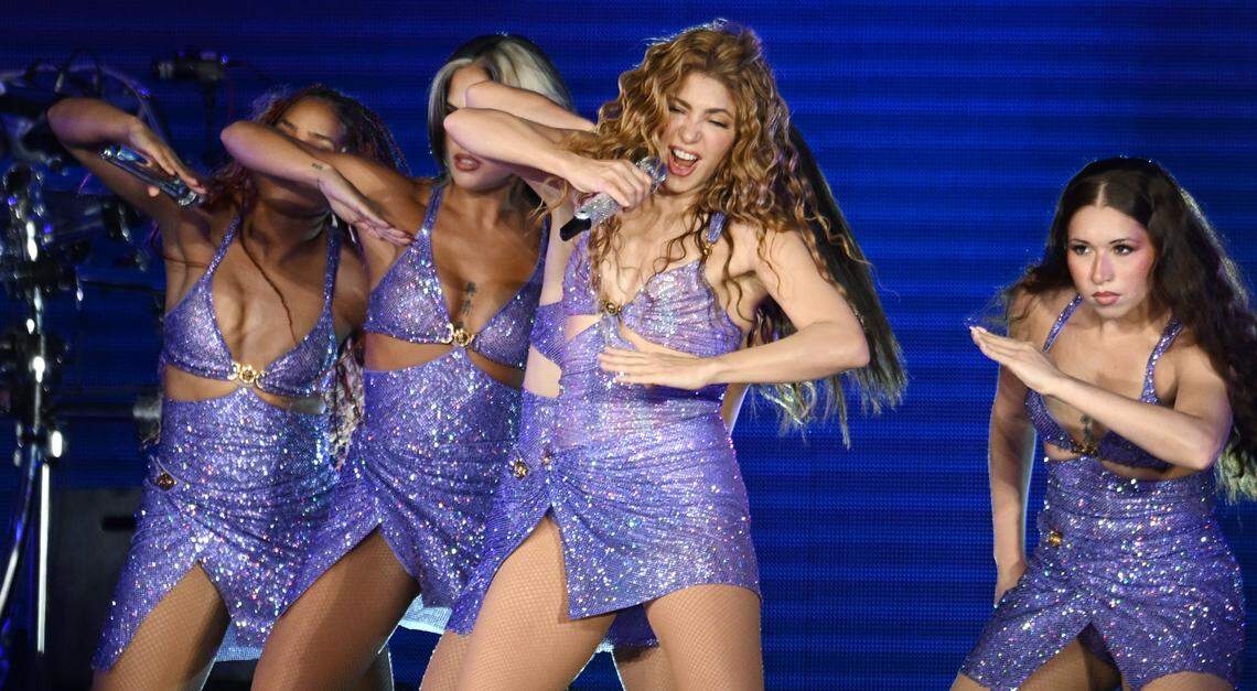 Colombian singer Shakira, center, performs during her sold out Las Mujeres Ya No Lloran World Tour show at Valley Children's Stadium, August 7, 2025 in Fresno.