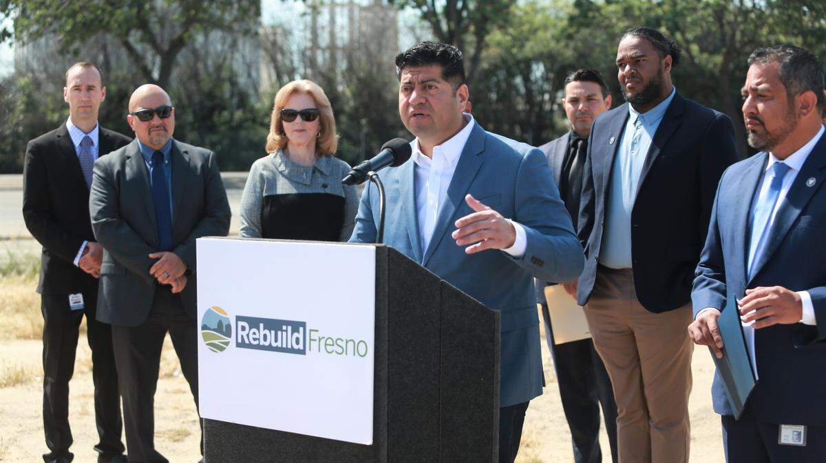 Fresno Councilmember Luis Chávez during a press conference on the empty lot that will become the future home of the clinic in southeast Fresno. Chávez, councilmember Miguel Arias and United Health Centers officials announced Thursday morning their collaboration to expand health care access with the construction of two facilities in two areas that face health inequities, lack of access to healthcare services and other many barriers such as transportation.