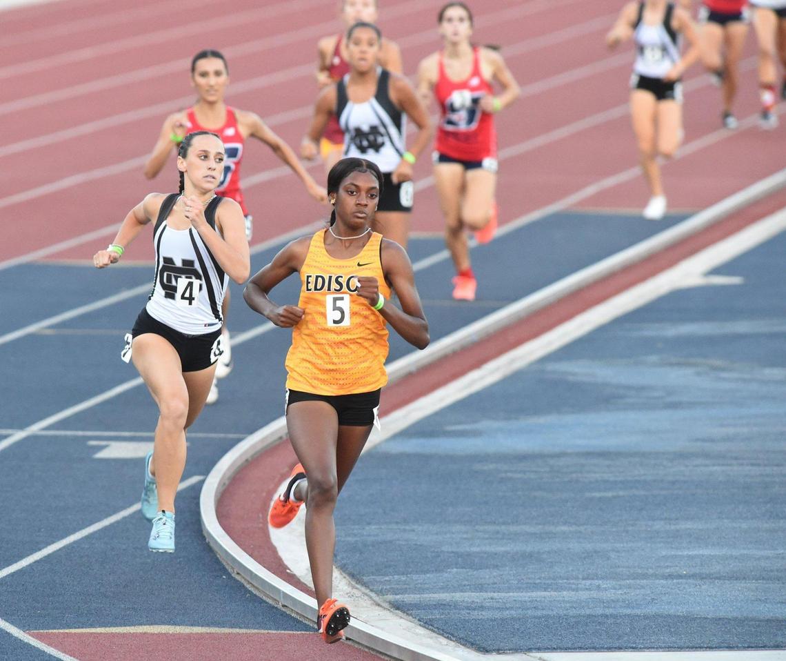 Edison High’s Kennedy Jennings cruises to a win in the 800 meters race during the CIF Central Section Masters Track and Field 2021 Championships at Buchanan High, Saturday June 19, 2021.