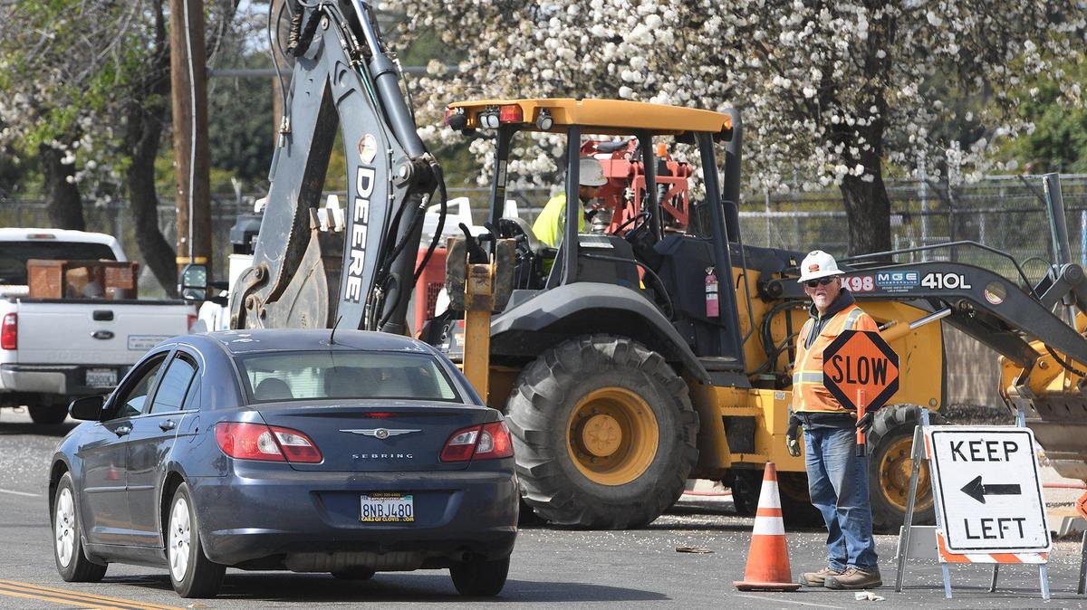 Traffic control conducted during construction on Ventura Street at F Street, March 25, 2021, in preparation of Ventura’s closure between Broadway and F streets, from April 26, 2021 through 2022. An underpass will be constructed on Ventura under the Union Pacific Railroad tracks near Fresno’s Chinatown district as part of the state’s high-speed rail project.