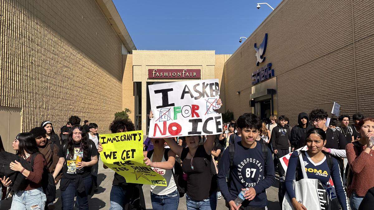 Bullard High School students marched through Fashion Fair Mall on Tuesday Feb. 4, 2026 on the third day of anti-ICE protests across Fresno Unified high schools.