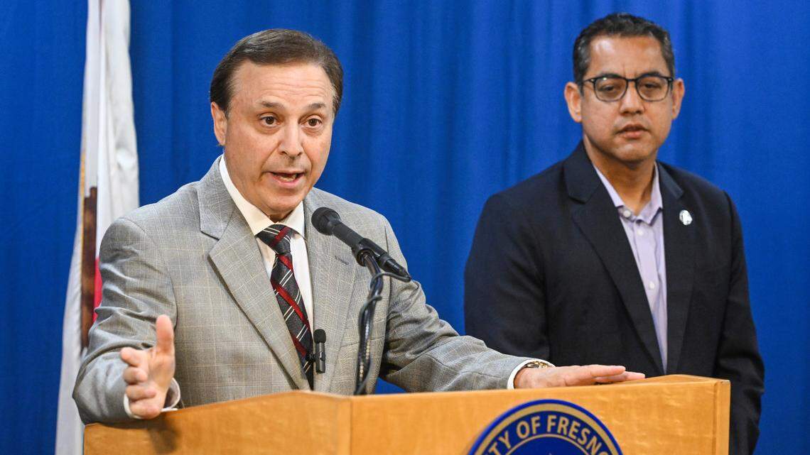 Fresno City Councilmembers Garry Bredefeld, left, and Miguel Arias hold a news conference to discuss documents pertaining the Reedley bio lab at Fresno City Hall on Tuesday, Aug. 29, 2023. 