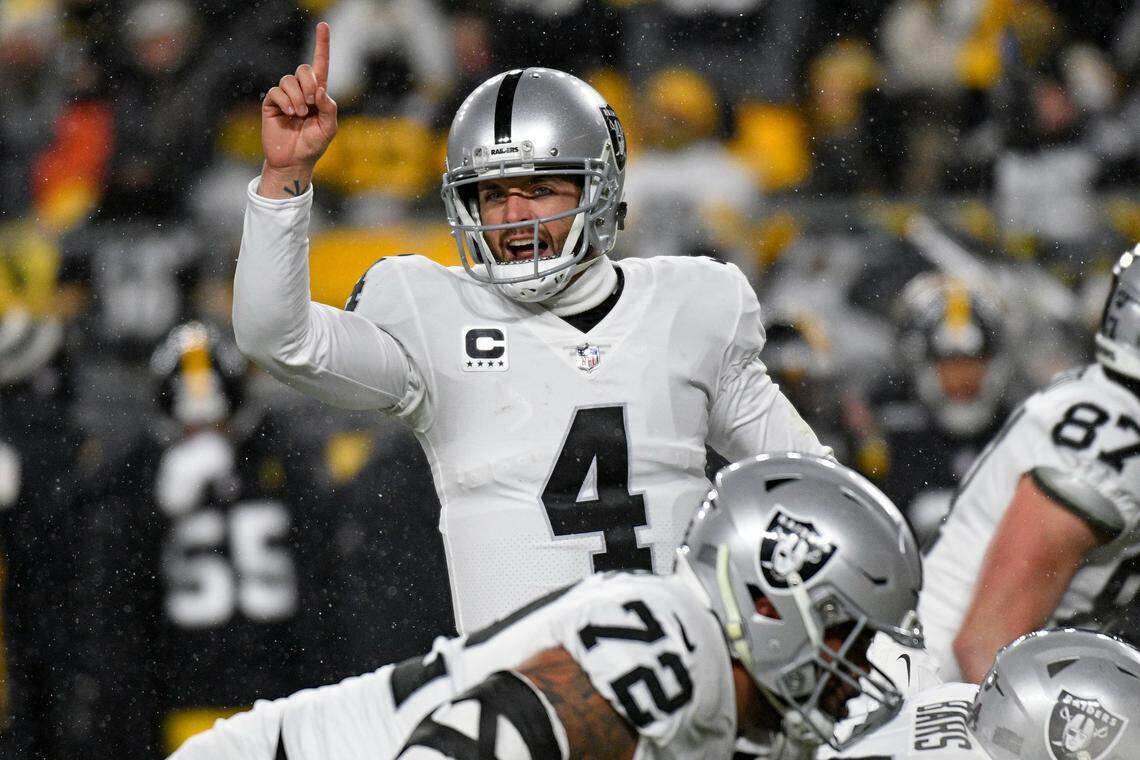 Las Vegas Raiders quarterback Derek Carr calls signals during the first half of an NFL game against the Pittsburgh Steelers in Pittsburgh, Saturday, Dec. 24, 2022.