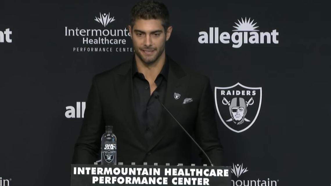 Jimmy Garoppolo was introduced as the next Las Vegas Raiders quarterback on Friday, March 17, 2023.