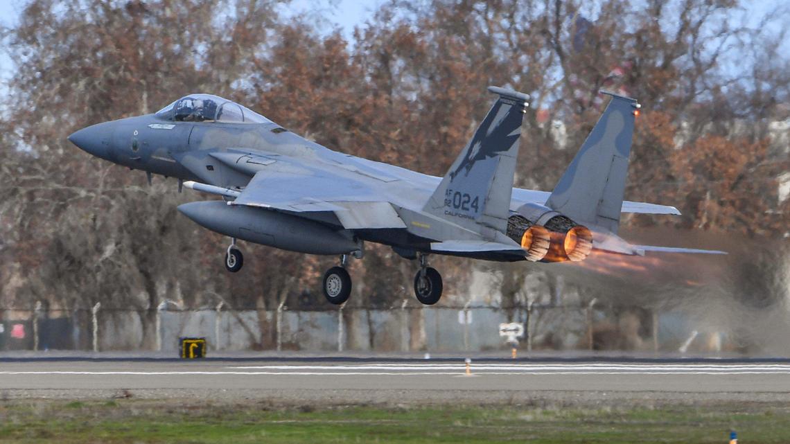 An F-15C from Fresno’s 144th Fighter Wing takes off from Fresno Yosemite International Airport during the Valley Thunder training exercises hosted by Fresno’s 144th Fighter Wing of the Air National Guard on Wednesday, Jan. 3, 2021.