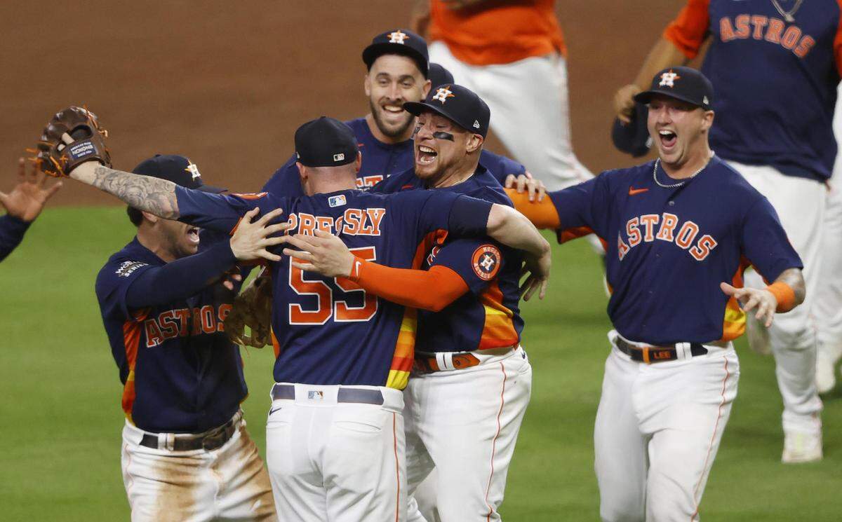 Houston Astros players celebrate after defeating the Philadelphia Phillies in game six to win the World Series at Minute Maid Park in Houston.