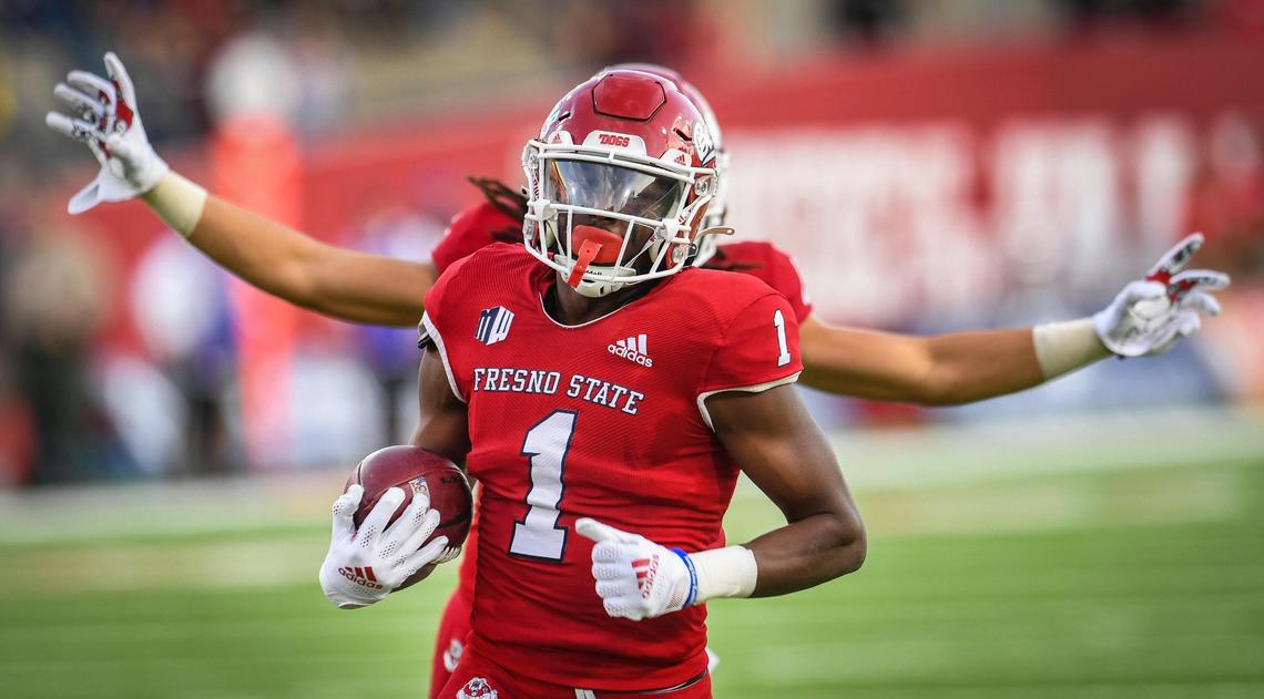 Fresno State’s DaRon Bland runs with the ball after intercepting the ball against Boise State in the end zone during their game at Bulldog Stadium on Saturday, Nov. 6, 2021. The return was called back on a penalty.