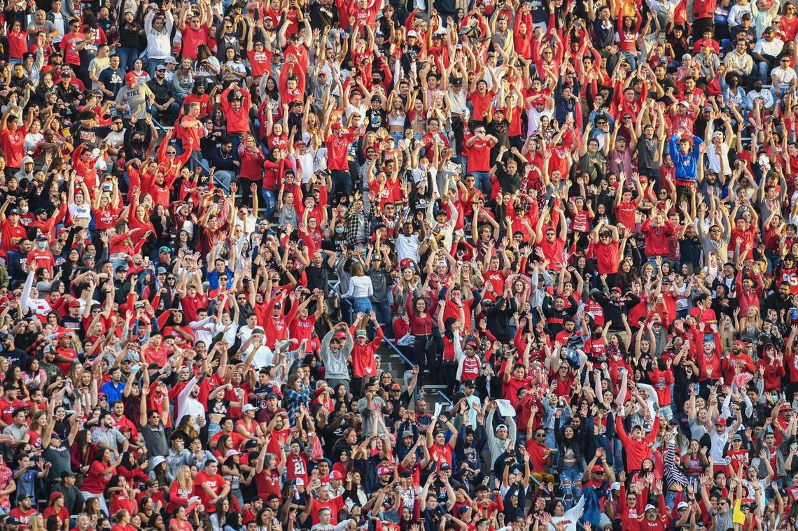 Bulldog fans do the wave during a sell-out game against Boise State at Bulldog Stadium on Saturday, Nov. 6, 2021.