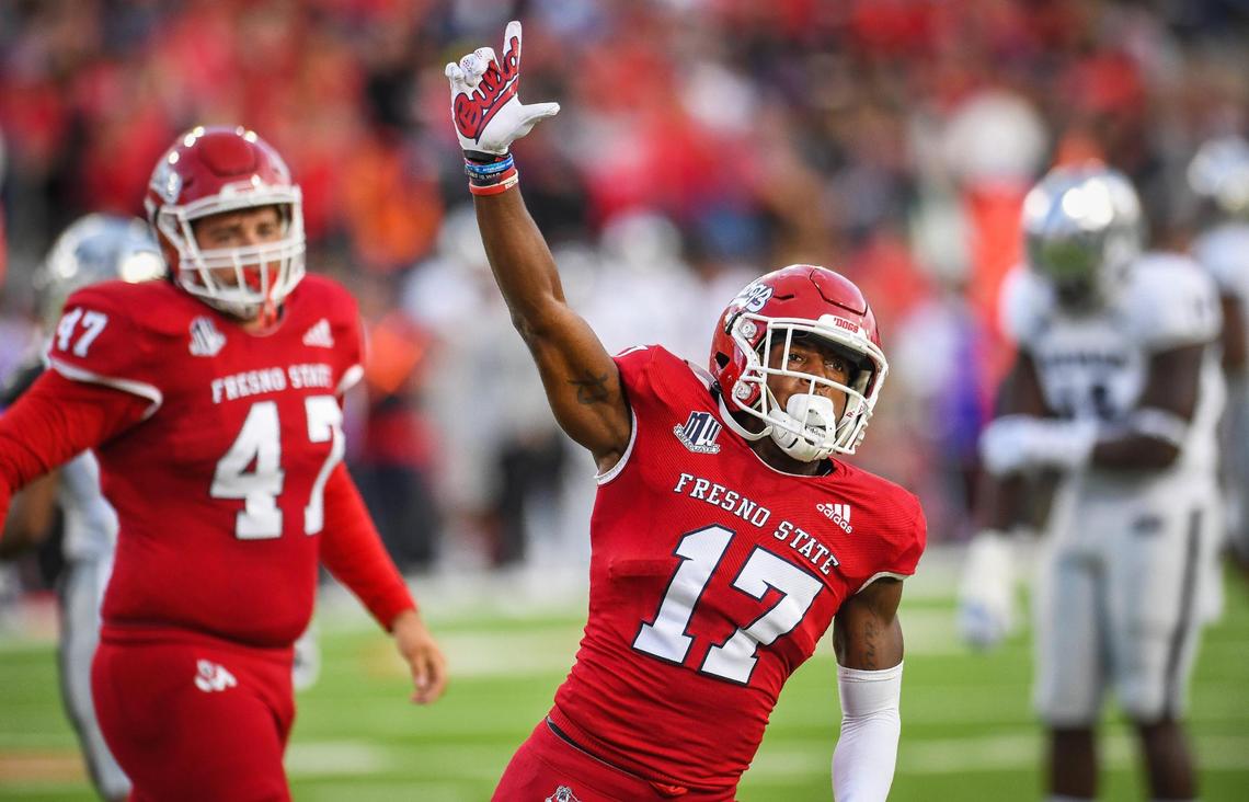 Fresno State’s Deonte Perry celebrates pinning Nevada deep near their own end zone on a punt in the first half of their game at Bulldog Stadium on Saturday, Oct. 23, 2021.