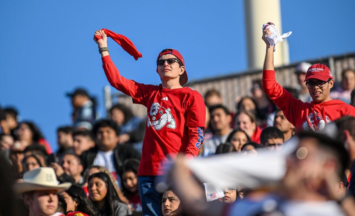Fresno State fans cheer on the Bulldogs from the student section during their game with Hawaii at Valley Children’s Stadium in Fresno on Saturday, Nov. 2, 2024.