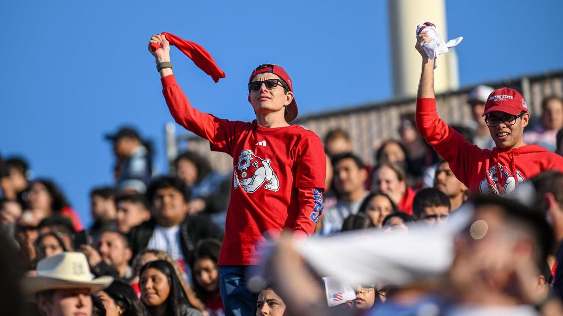 Fresno State fans cheer on the Bulldogs from the student section during their game with Hawaii at Valley Children’s Stadium in Fresno on Saturday, Nov. 2, 2024.