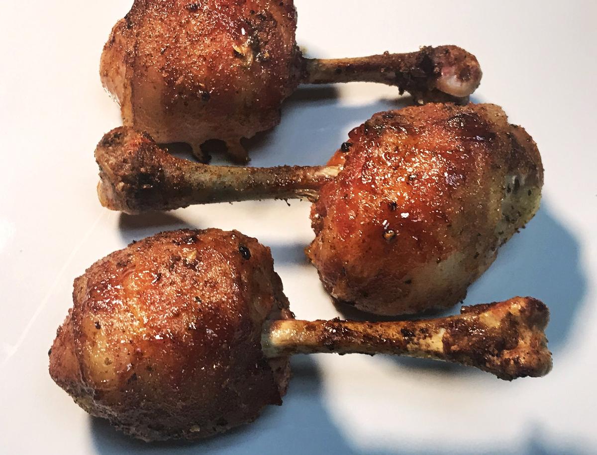 Bacon-wrapped chicken lollipops, served at Mega-Texas Barbeque Friday, Feb. 1, 2019 in Fresno.
