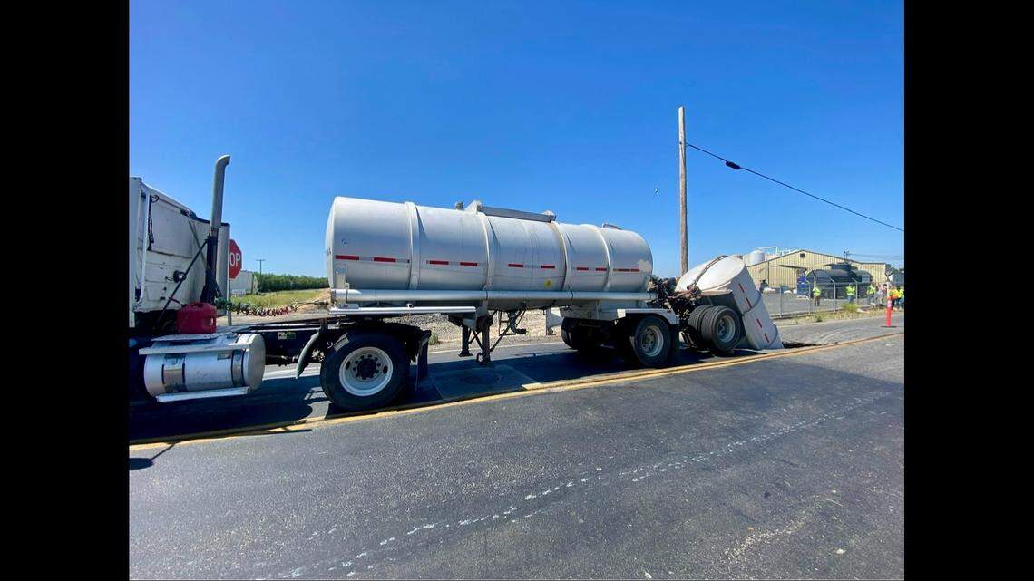 A trailer being pulled by a truck fell into a sinkhole about 10:25 a.m. Monday, June 10, 2024, in Madera, according to the California Highway Patrol.