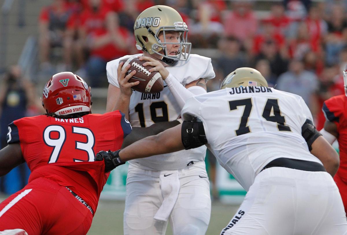 Fresno State defensive tackle Jasad Haynes puts a pass rush on Idaho quarterback Colton Richardson in thee Bulldogs’ 79-13 victory over the Vandals in Fresno, Saturday, Sept. 1, 2018. The Bulldogs have just three sacks on the season, but are second  in the Mountain West Conference in passing defense, allowing just 177.0 yards per game.