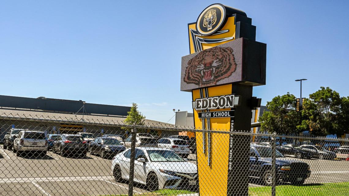 The front of Edison High School in Fresno which was the subject of a shooting threat posted on social media that resulted in the arrest of a 14-year-old.