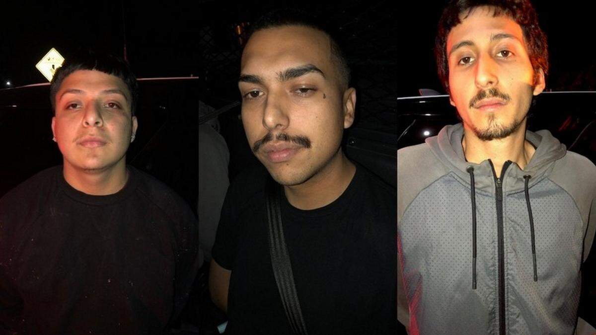 Madera, California police arrested, from left, Efraen Hernandez, Gerardo Ruiz and Kevin Mendez after the three reportedly crashed into a wall after grabbing beer and running from a mini-mart.