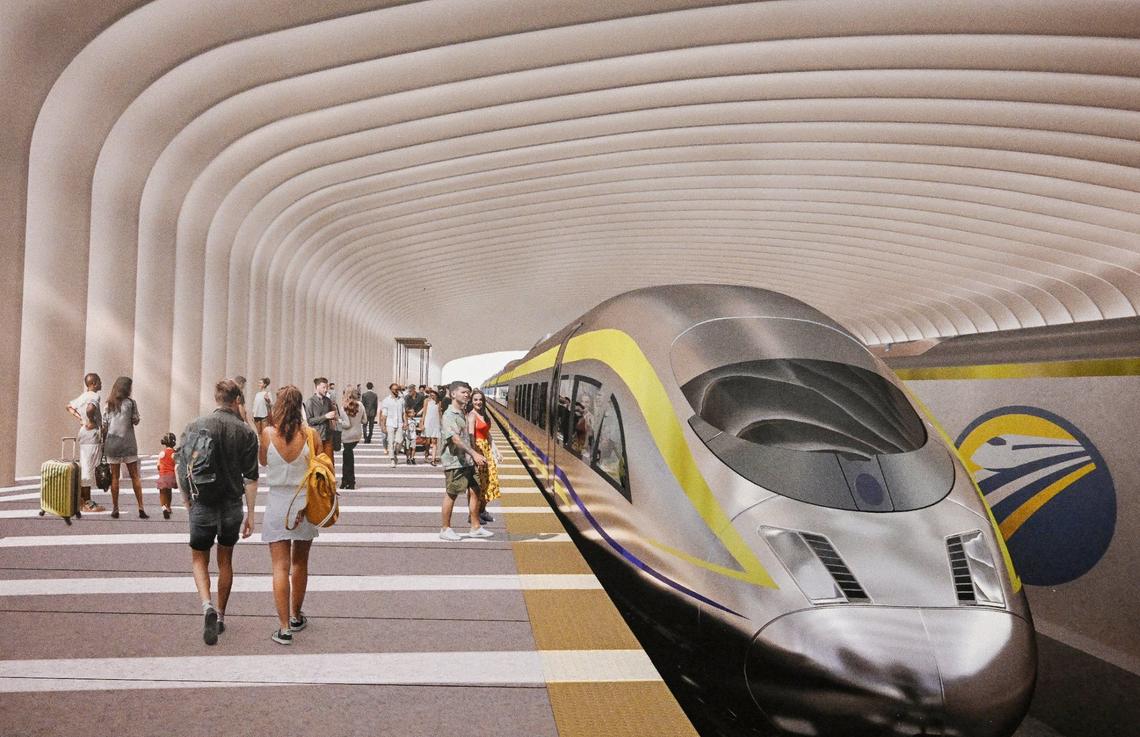 A rendering shows a high-speed rail train as it enters a station during an informational open house by the California High-Speed Rail Authority at the Hilton DoubleTree in downtown Fresno on Wednesday, May 1, 2024.