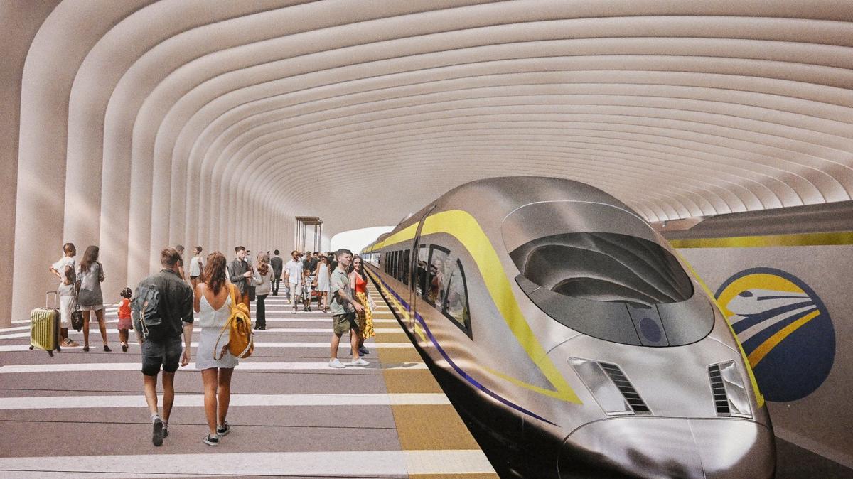 A rendering shows a high-speed rail train as it enters a station during an informational open house by the California High-Speed Rail Authority at the Hilton DoubleTree in downtown Fresno on Wednesday, May 1, 2024.