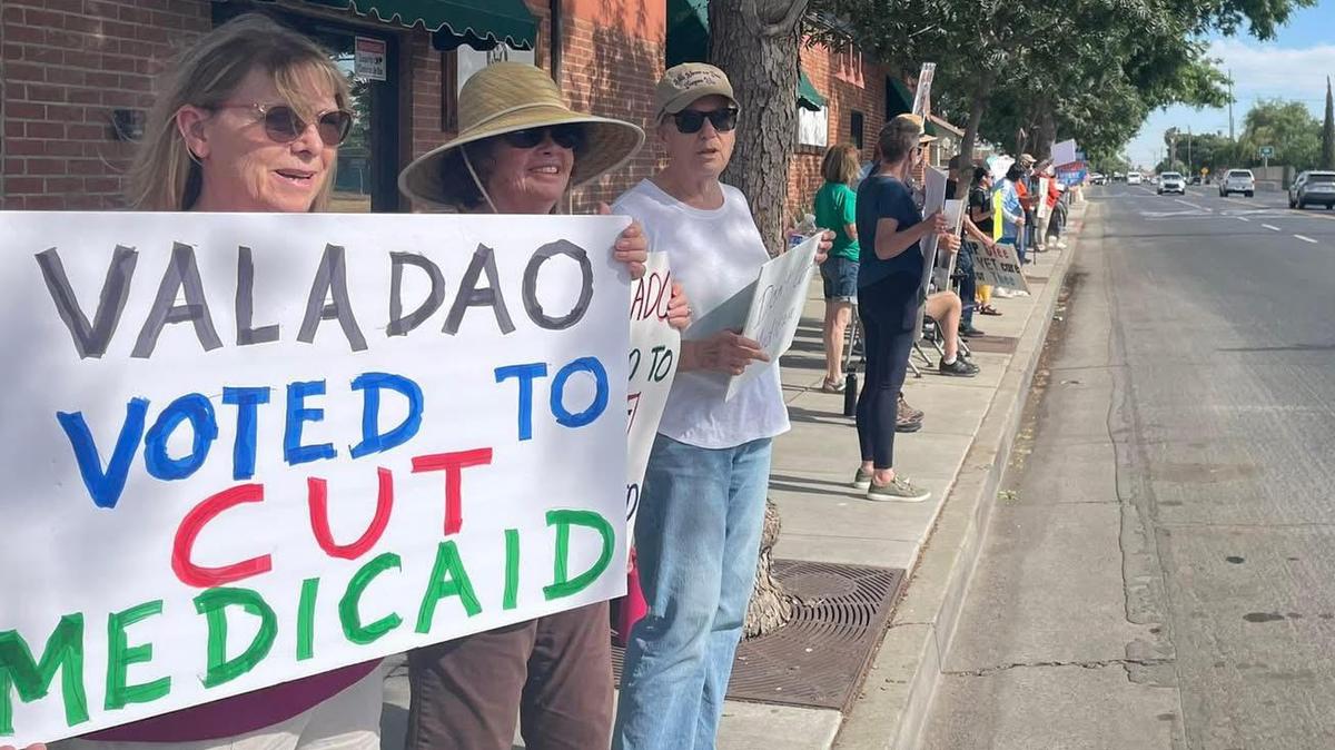 Constituents outside of Republican Rep. David Valadao’s Hanford office on Friday, May 23, calling out his earlier vote to pass the proposed cuts to Medicaid.