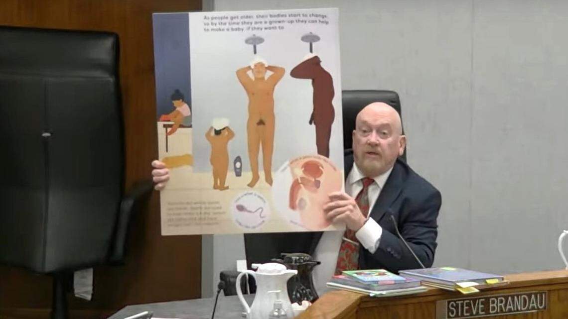 Fresno County Supervisor Steve Brandau holds up an enlarged page from a children;’s book he checked out from the Clovis branch of the Fresno County Library depicting two nude adult men showering while two children are in a locker room, in a presentation to support his proposed “Parents Matter” library act on Tuesday, Nov. 7, 2023.
