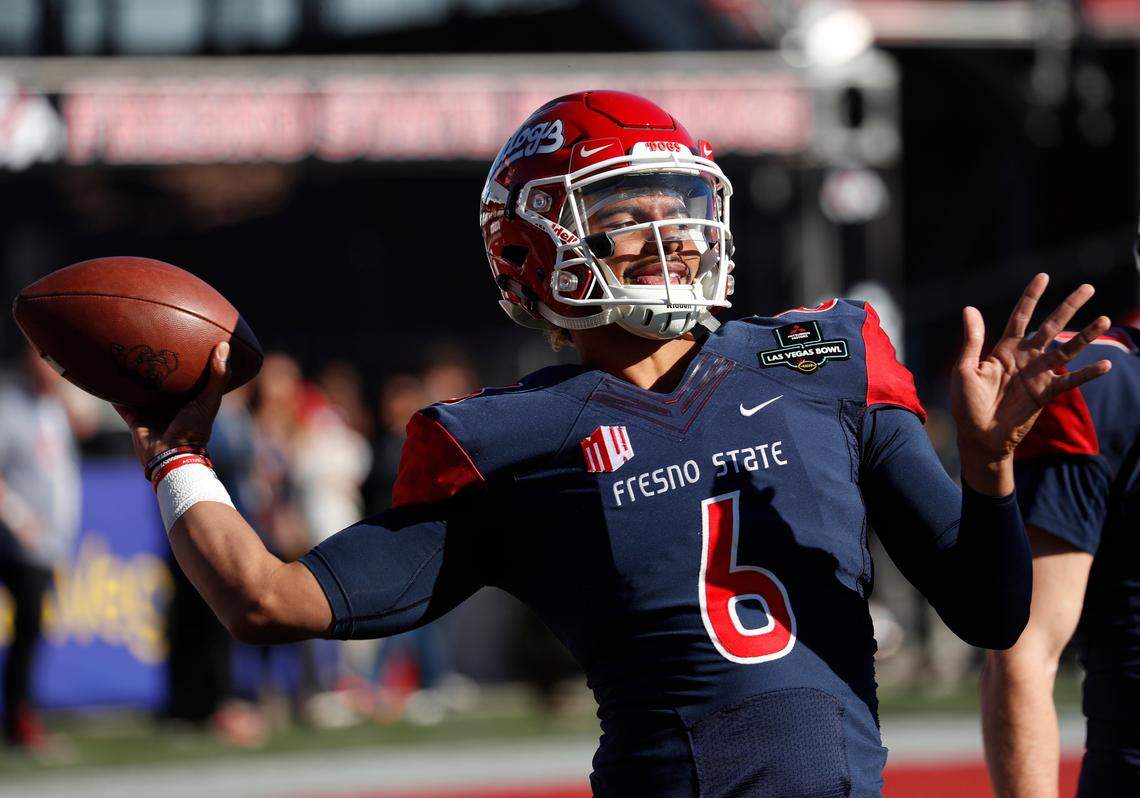 Fresno State quarterback Marcus McMaryion (6) warms up before the Las Vegas Bowl NCAA college football game against Arizona State, Saturday, Dec. 15, 2018, in Las Vegas. (AP Photo/John Locher)