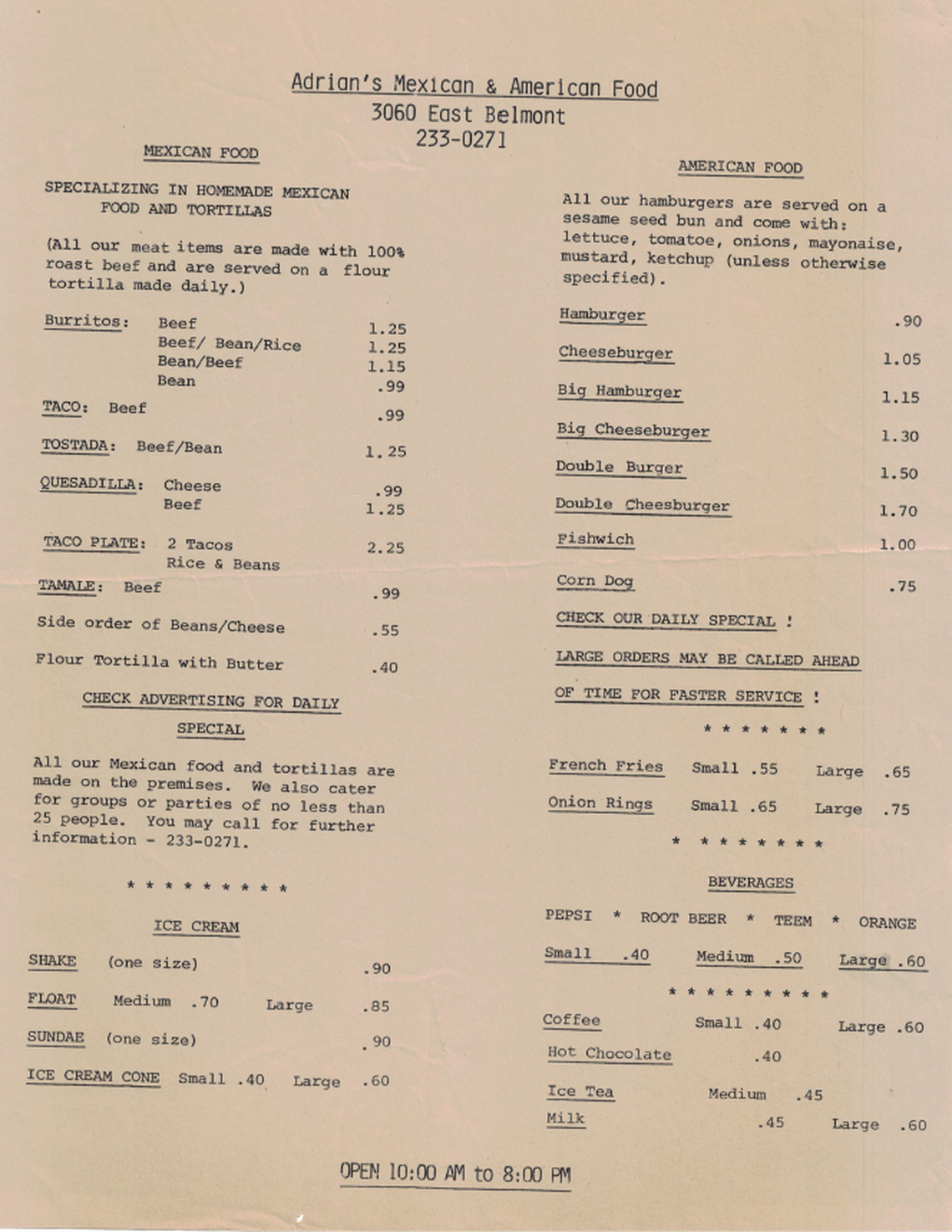 Copy of the original Adrian’s menu, featuring 99 cent bean burritos.