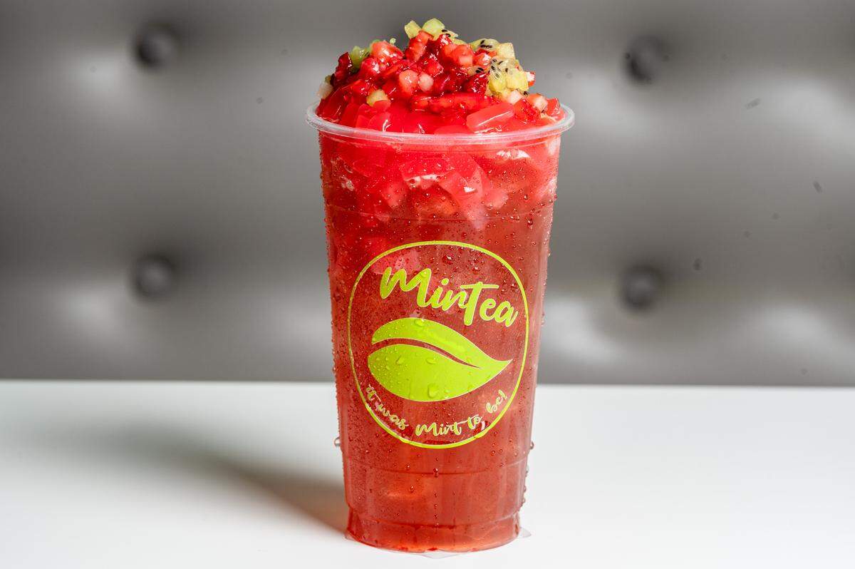 This iced tea with fresh strawberry and kiwi bits and fruit-flavored jellies is on the menu at newly opened MinTea.